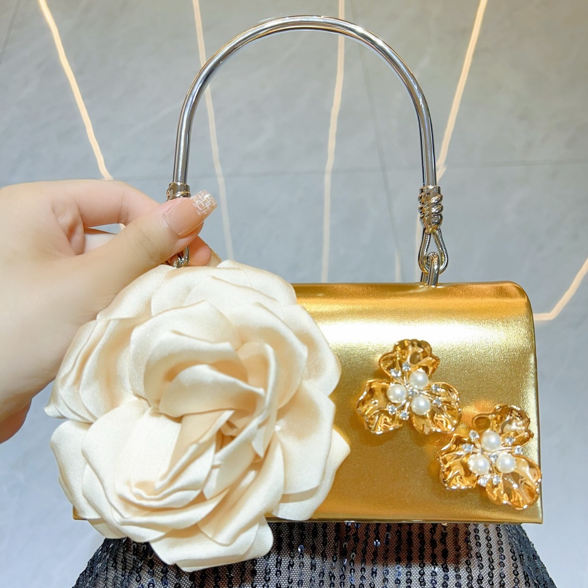 Women Bags Gold - فاخر الذهب ثلاثية الأبعاد زهرة حقيبة