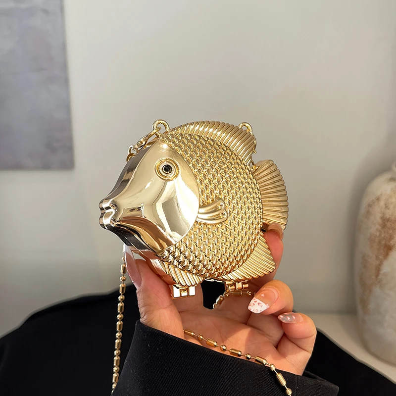 Women Bags Gold - لطيف الأسماك الصغيرة شكل معدن صغير